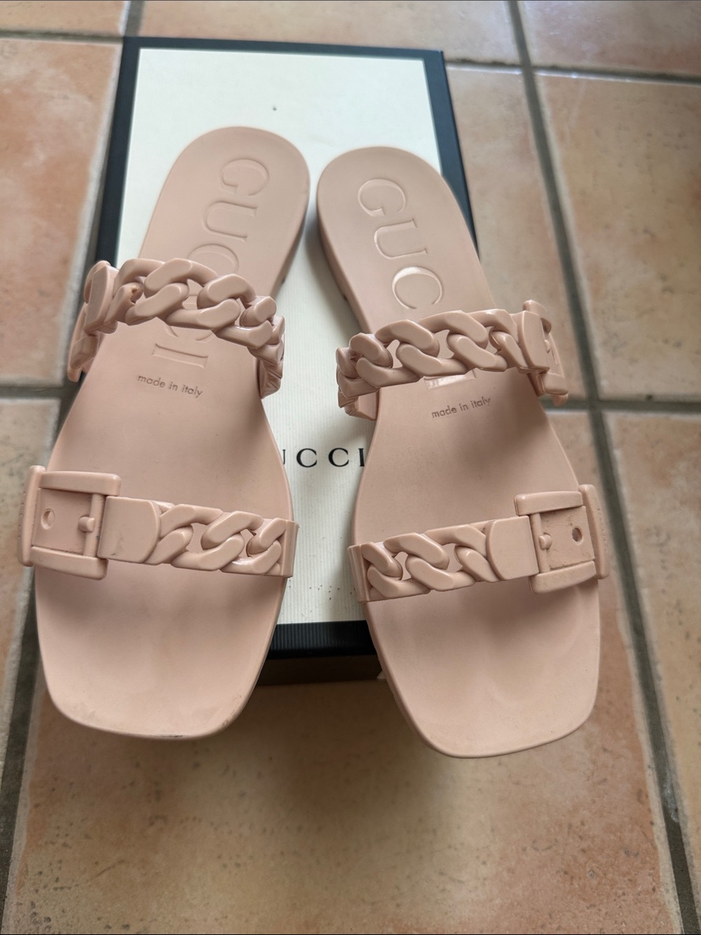Gucci Blush Pink Chain-Link Slide Sandals